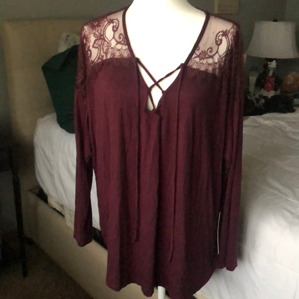 Olivia Sky 2X Maroon Lace V-neck Tie-up Longsleeve